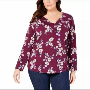 Style & Co. Floral V Neck Blouse Purple 1X Top New